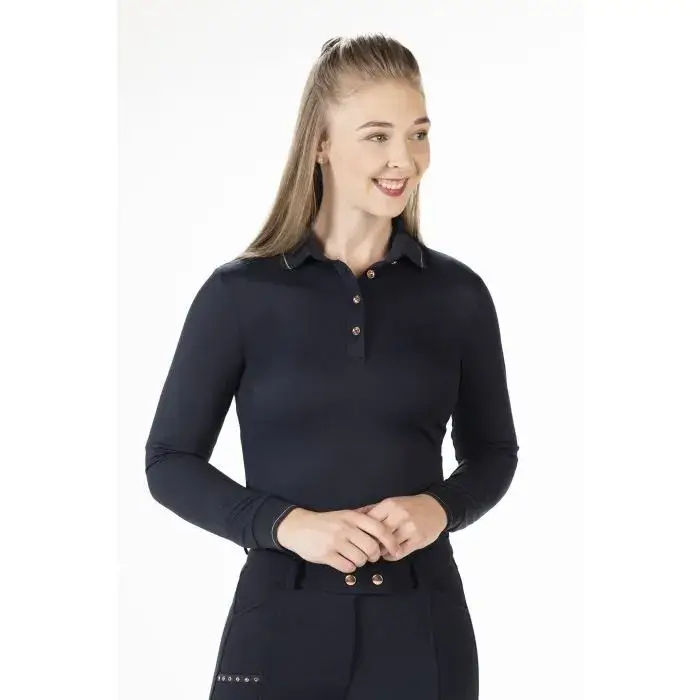 Poloshirt Rosegold Glamour Style, Langarm für Damen, Dunkelblau-Rosegold Neue Ware