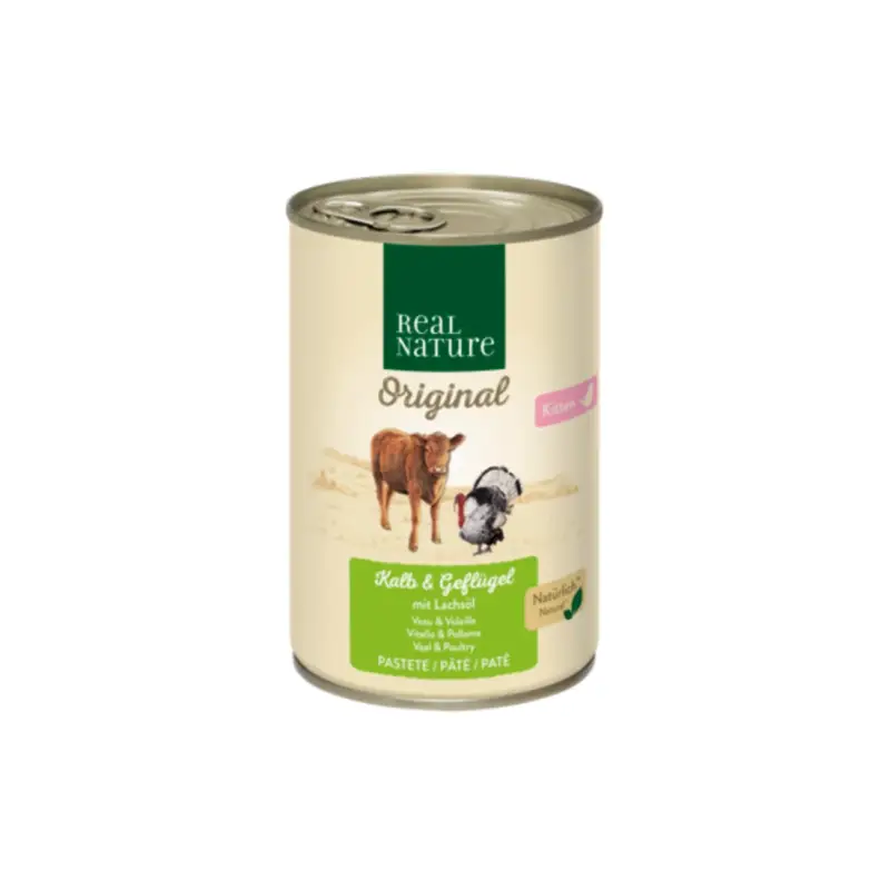 REAL NATURE Original Nassfutter Katze, Kitten Kalb und Geflügel mit Lachsöl 6x400 g Neue Kollektion