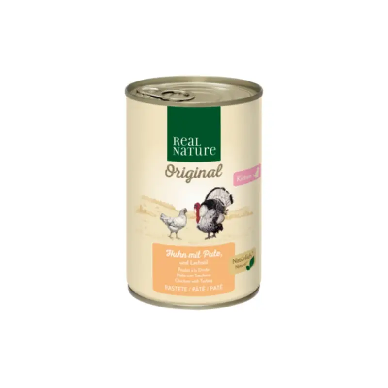REAL NATURE Original Nassfutter Katze, Kitten Huhn mit Pute und Lachsöl 24x400 g Nur Heute
