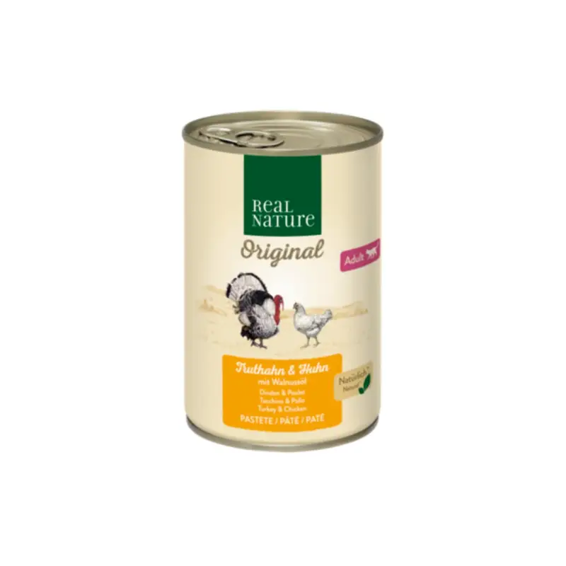 REAL NATURE Original Nassfutter Katze, Adult, Truthahn und Huhn mit Walnussöl 12x400 g Heißes Angebot
